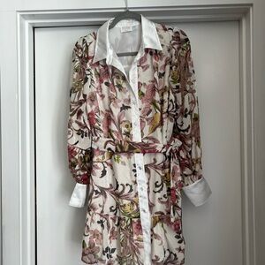 Fate White Satin-Collar Floral Shirtdress with Pink and Green Accents